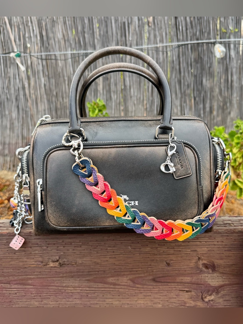 Novelty Strap| Bag Strap| Pebbled Faux Leather Muted Rainbow Chain| Heart Shaped